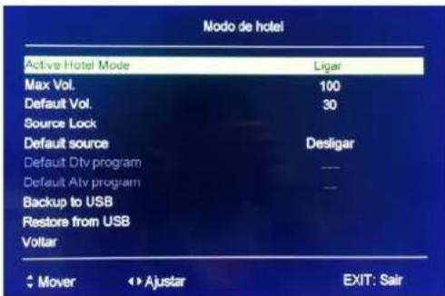 Modo de hotel Active Hotel Mode Ligar Max Vol. 100 Default Vol. 30 Source Lock Default source Desigar Default Dtv program Default Atv program Backup to USB Restore from USB Voltar Mover > Ajustar EXIT: Sair