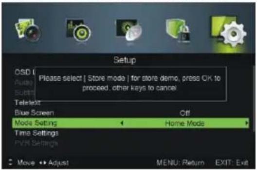Setup OSD Audio Submit TeleExt Please select | Store mode | for store demo, press OK to proceed, other keys to cancel. Blue Screen Mode Setting Home Mode Time Settings PWM Settings Move Adjust MENU: Return EXIT: Exit