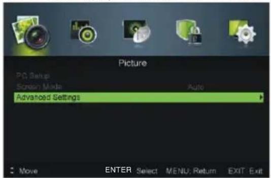 Picture PC Setup Screen Mode Auto Advanced Settings Move ENTER Select MENU: Return EXIT Exit