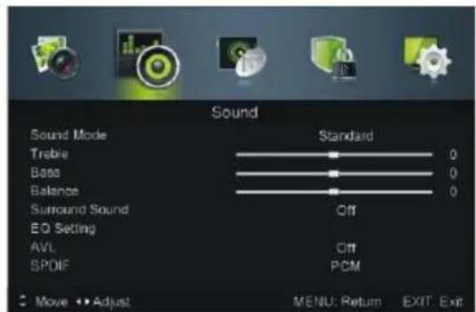 Sound Sound Mode Standard Trabie 0 Base 0 Balance 0 Surround Sound Off EQ Setting AVL Off SPDIF PCM Move Adjust MENU: Return EXIT: Exit