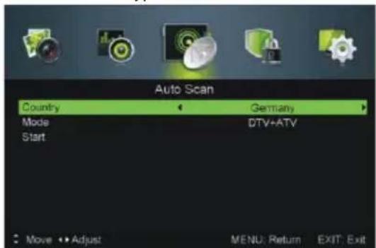 Auto Scan Country Germany Mode DTV+ATV Start Move Adjust MENU: Return EXIT: Exit