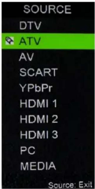 SOURCE DTV ATV AV SCART YPbPr HDMI 1 HDMI 2 HDMI 3 PC MEDIA Source: Exit