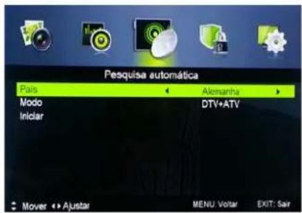 Pesquisa automática Pais Alemantha Modo DTV+ATV Iniciar Mover Ajustar MENU: Voltar EXIT: Sair
