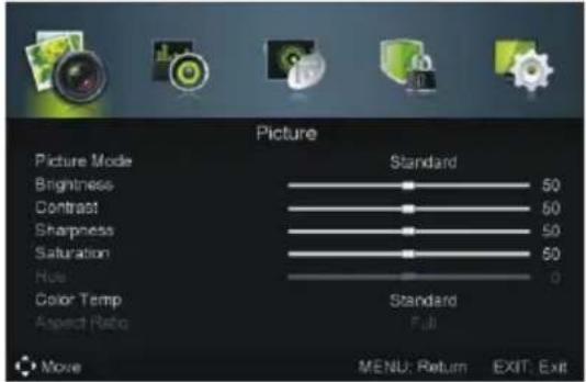 Picture Picture Mode Brightness Contrast Sharpness Saturation Hue Color Temp Aspect Ratio Standard 50 50 50 50 0 Standard Full MENU: Return EXIT: Exit Move