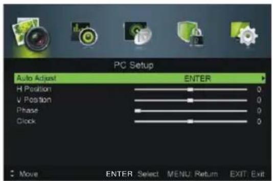 PC Setup Auto Adjust ENTER H Position 0 V Position 0 Phase 0 Clock 0 Move ENTER Select MENU: Return EXIT: Exit