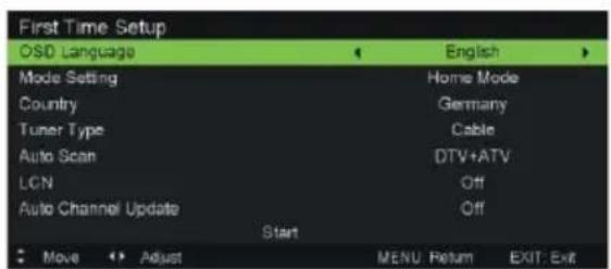 First Time Setup OSD Language Mode Setting Country Tuner Type Auto Scan LCN Auto Channel Update Start Home Mode Germany Cable DTV+ATV Off Off MENU Return EXIT Exit