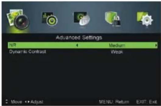 Advanced Settings NR Medium Dynamic Contrast Weak Move Adjust MENU: Return EXIT: Exit