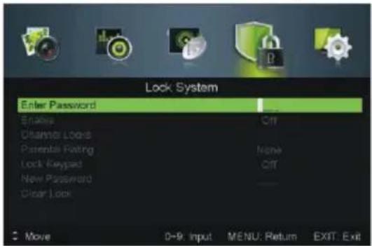 Lock System Enter Password Enables Chandler Locks Parental Rating Lock Keypad New Password Clear Lock Move 0-9: Input MENU: Return EXIT: Exit