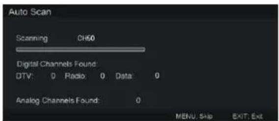 Auto Scan Scanning CH50 Digital Channels Found: DTV: 0 Radio: 0 Data: 0 Analog Channels Found: 0 MENU, Ship EXIT, Exit