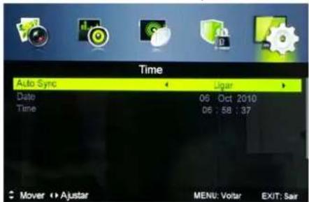 Time Auto Sync Date 06 Oct 2010 Time 06 : 58 : 37 Mover Ajustar MENU: Volta EXIT: Saar