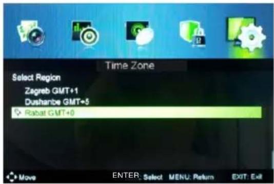 Time Zone Select Region Zagreb GMT+1 Dushanbe GMT+5 Rabat GMT+0 Move ENTER: Select MENU: Return EXIT: Exit