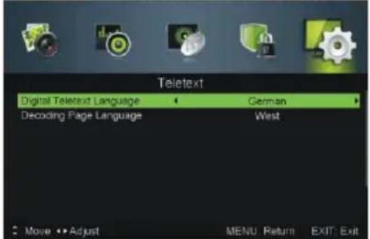 Teletext Digital Teletext Language ← German → Decoding Page Language West Move ▶→Adjust MENU Return EXIT: Exit