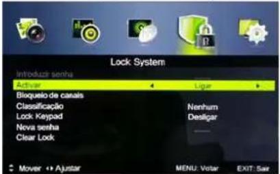 Lock System Introduzir senha Activar Bloqueio de canais Classificação Lock Keypad Nova senha Clear Lock Ligar Nenhum Desligar - Menu: Voter EXIT: Sair