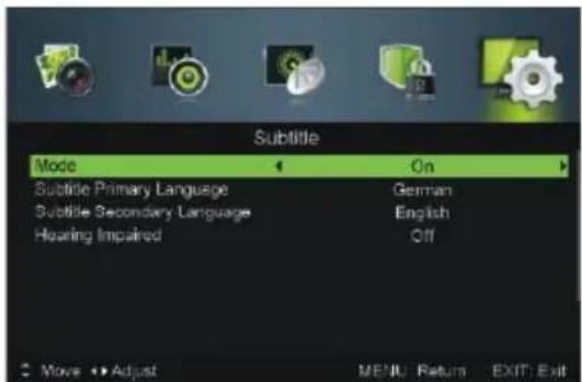 Subtitle Mode On Subtitle Primary Language German Subtitle Secondary Language English Hearing Impaired Off Move Adjust MENU: Return EXIT: Exit
