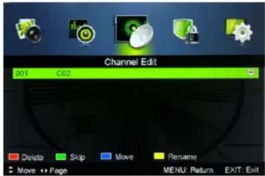 Channel Edit 001 C02 Delete Skip Move Rename Move → Page MENU: Return EXIT: Exit