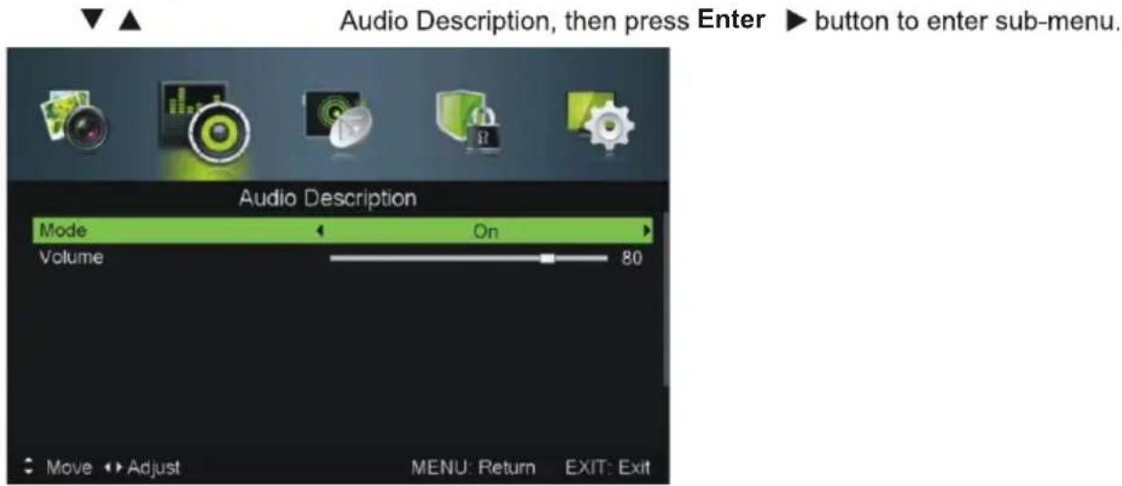Audio Description, then press Enter ▶ button to enter sub-menu. Audio Description Mode On Volume 80 Move Adjust MENU: Return EXIT: Exit