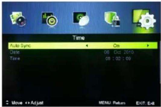 Time Auto Sync On Date 06 Oct 2010 Time 08:02:09 Move Adjust MENU: Return EXIT: Exit