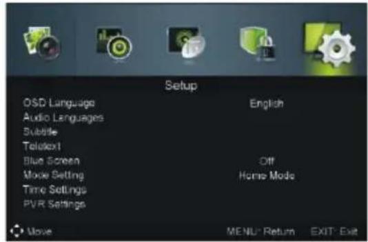 Setup OSD Language English Audio Languages Subtitle Telodext1 Blue Screen Off Mode Setting Home Mode Time Settings PVR Settings Move MENU: Return EXIT: Exit