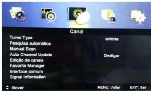 Canal Tuner Type antena Pesquisa automática Manual Scan Auto Channel Update Desligar Edição de canais Favorite Manager Interface comum Signal Information Mover MENU: Voltar EXIT: Sair