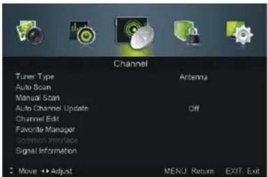 Channel Tuner Type Auto Scan Manual Scan Auto Channel Update Channel Edit Favorite Manager Common Interface Signal Information Move ▶ Adjust Antenna Off MENU Return EXIT Exit