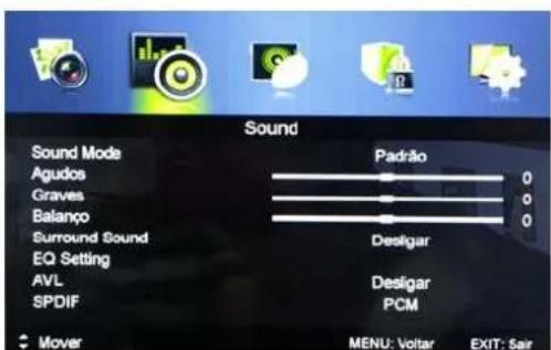 Sound Sound Mode Agudos Graves Balango Surround Sound EQ Setting AVL SPDIF Mover Padrão 0 0 0 Desligar Desligar PCM MENU: Voltar EXIT: Sar