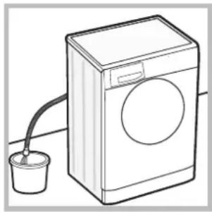 Line drawing of a washing machine with a bucket beside it (no text or symbols)