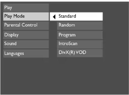 Play, Play Mode, Standard, Parental Control, Random, Display, Program, Sound, IntroScan, Languages, DivX(R)VOD