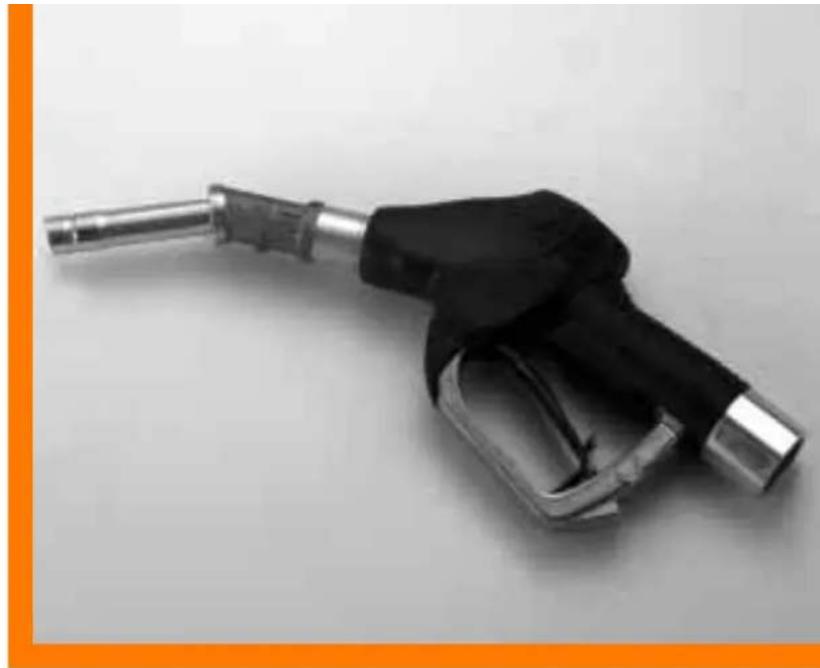 Close-up of a black and silver fuel pump nozzle against a plain background (no text or symbols visible)