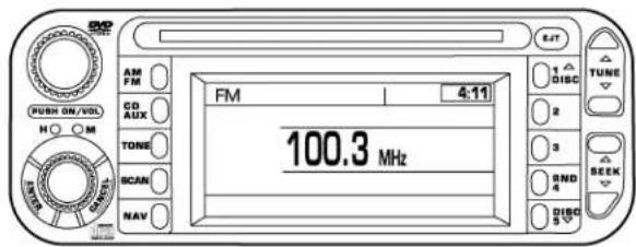AM FM PUSH ON/VOL H ○ M TONE SCAN NAV FM 4:11 100.3 MHz EAT 1 ▲ DISC 2 3 RND 4 DISC 5 TUNE SEEK