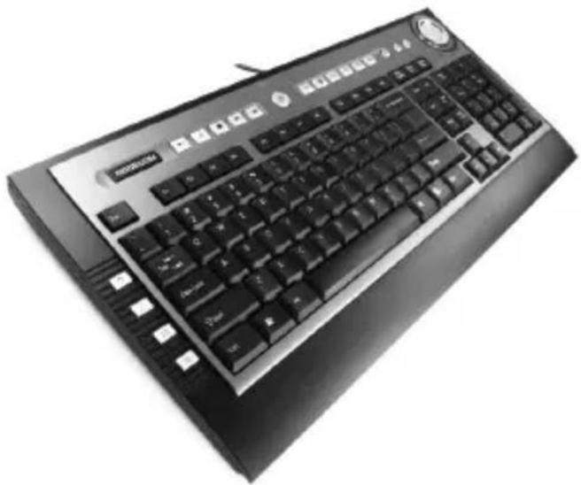 Black-and-white photo of a standard computer keyboard with no visible text or symbols on the main body.