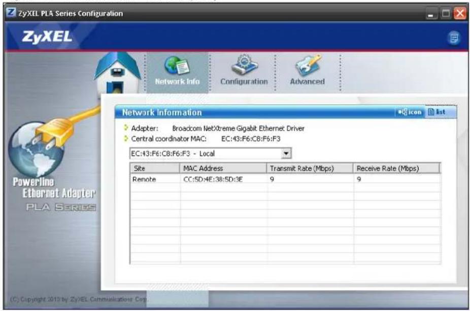 ZyXEL PLA Series Configuration ZyXEL Network Info Configuration Advanced Network Information Adapter: Broadcom NetXbreme Gigabit Ethernet Driver Central coordinator MAC: EC:43:F6:C8:F6:F3 EC:43:F6:C8:F6:F3 - Local Site MAC Address Transmit Rate (Mbps) Receive Rate (Mbps) Remote CC:5D:4E:38:5D:3E 9 9 (C) Copyright 2013 by ZyXEL Communications Corp.