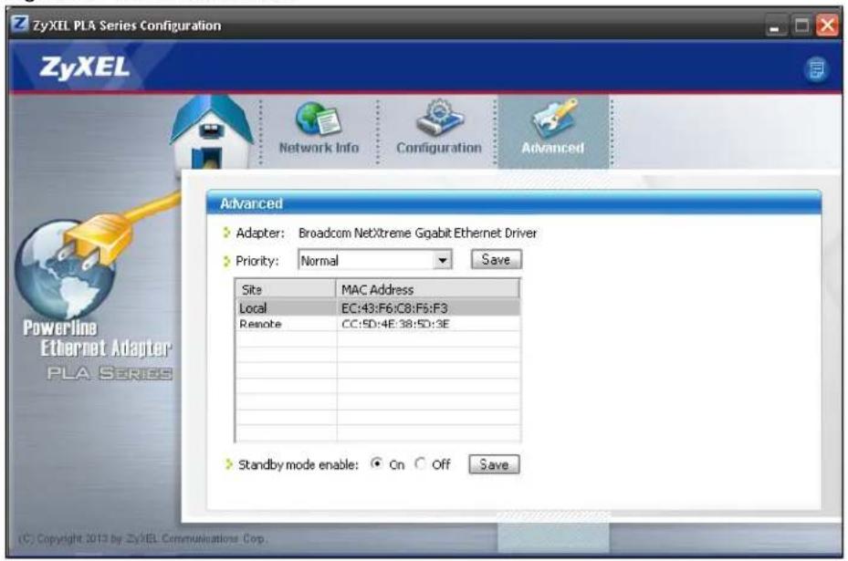 ZyXEL PLA Series Configuration ZyXEL Network Info Configuration Advanced Advanced Adapter: Broadcom NetXtreme Gigabit Ethernet Driver Priority: Normal Save Site MAC Address Local EC:43:F6:C8:F5:F3 Remote CC:5D:4E:38:5D:3E Standby mode enable: On Off Save © Copyright 2013 by ZyXEL Communications Corp.