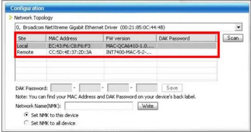 Configuration Network Topology 0, Broadcom NetXtreme Gigabit Ethernet Driver (00:21:85:0C:44:4B) Site MAC Address FW version DAK Password Local EC:43:F6:C8:F6:F3 MAC-QCA6410-1.0.... Remote CC:5D:4E:37:2D:3A(INT7400-MAC-5-2-... DAK Password: Save Note: You can find your MAC Address and DAK Password on your device's back label. Network Name(NMK): .Write ● Set NMK to this device ○ Set NMK to all device