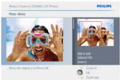 Photos | Source | SD/MMC | PC Photos PHILIPS Photo Menu 800 X 600 2006/07/01 SOURCE: ○ Zoom in ○ OK ○ Zoom out