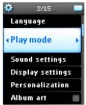 2/15 Language ← Play mode Sound settings Display settings Personalization Album art