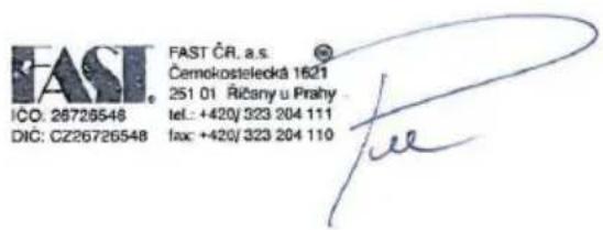 FAST ICÓ: 26726548 DIC: CZ26726548 FAST ČR. a.s. Čemokostelecká 1621 251 01 Ričsny u Prahy tel.: +420/323 204 111 fax: +420/323 204 110