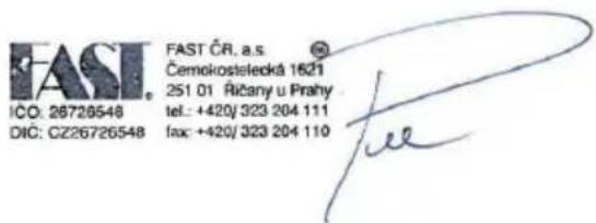 FAST ICO: 26726548 DIC: CZ26726548 FAST ČR. a.s. Čemokostelecká 1621 251 01 Řičany u Prahy tel: +420/323 204 111 fax: +420/323 204 110