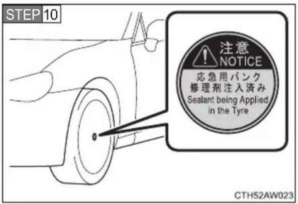 STEP 10 注意 NOTICE 応急用バンク 修理剤注入済み Sealant being Applied in the Tyre CTH52AW023