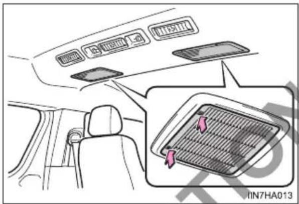Diagram showing car interior with labeled air vent system and airflow indicators, including a grid layout inset.