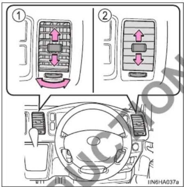 Diagram showing car air intake control panel with directional arrows and labeled parts, including a driver's dashboard view.
