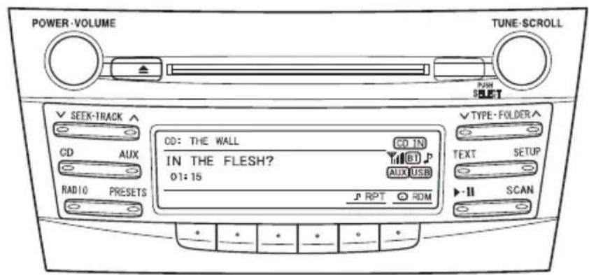 POWER-VOLUME TUNE-SCROLL PWM SELECT ✓ SEEK-TRACK ^ CD AUX RADIO PRESETS CD: THE WALL IN THE FLESH? 01:15 CODE IN AUTO USB J RPT ROM ✓ TYPE-FOLDER ^ TEXT SETUP ▶ -II SCAN