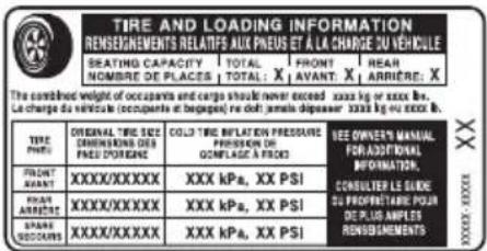 TIRE AND LOADING INFORMATION RESEGNEMENTS RELATIFS AUX PINEUS ET À LA CHARGE DU VÉHICULE SEATING CAPACITY TOTAL FRONT REAR NOMBRE DE PLACES TOTAL X AVANT X ARRIERE: The combined weight of occupants and cargo should never exceed 3000 kg or 5000 lbs. Le charge du véhicule (occupants et bagages) re d'ouff, jamais depousser 1000 kg ou 2000 kg. TIME PINEU ORIGINAL TIME SIZE DIMENSIONS DES MAINTOISAGE COLD TIME BILPLATIN PRESSURE PROVISION OF CONFLATION & FROES SEE OWNER'S MANUAL FOR ADDITIONAL INFORMATION, CONSULTER LE GOUR OU PROPRIETABLE POJA DE PLUS ANGLES RESEGNEMENTS FRONT AVANT EXTRA ARRIÈZZE SPARE COCCOURS XXXX/XXXXX XXX kPa, XX PSI XXXX/XXXXX XXX kPa, XX PSI