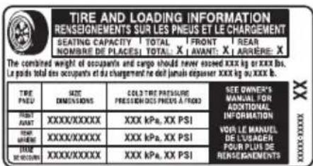 TIRE AND LOADING INFORMATION RENSEIGNEMENTS SUR LES PNEUS ET LE CHARGEMENT SEATING CAPACITY | TOTAL | FRONT | REAR NOMBRE DE PLACES | TOTAL : X | LAVANT : X | ARRIERE : X The combined weight of occupants and cargo should never exceed XXX kg or XXX lbs. Le pads total des occupants et du chargement ne d'efficiu au pouvoir XXX kg ou XXX lb. TIRE PNEU SIZE DIMENSIONS COLD-TIRE PRESSURE PRESSION DES PNEUS À FROD SEE OWNER'S MANUAL FOR ADDITIONAL INFORMATION VEIR LE MANUEL DE L'USAGER POUR PLUS DE RENSEIGNEMENTS XXXX/XXXXXX XXX kPa, XX PSI XXXX/XXXXXX XXX kPa, XX PSI XXXX/XXXXXX XXX kPa, XX PSI