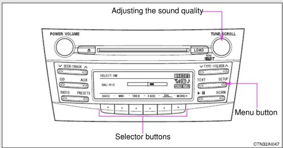 Adjusting the sound quality POWER-VOLUME TUNE-SCROLL LOAD PUSH SELECT ✓ SEEK-TRACK ^ CD AUX RADIO PRESETS SELECT: XM BAL: R=2 BASS MID TREB FADE BAL MORE> ✓ TYPE·FOLDER ^ TEXT SETUP SCAN Menu button Selector buttons CTN32AI047
