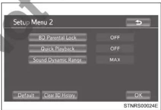 Setup Menu 2 BD Parental Lock OFF Quick Playback OFF Sound Dynamic Range MAX Default Clear BD History OK STNRS00024E