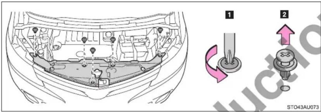 Technical diagram showing engine compartment with valve and push buttons, labeled with parts 1 and 2, and a directional arrow indicating rotation.