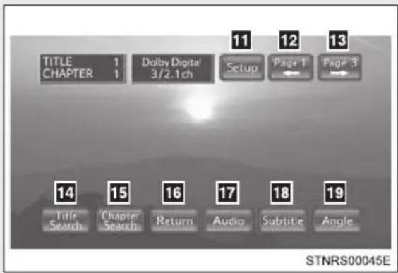 TITLE 1 CHAPTER 1 Dolby Digital 3/2.1ch Setup Page 1 ← Page 3 11 12 13 14 Title Search Chapter Search Return Audio Subtitle Angle 15 16 17 18 19 STNRS00045E