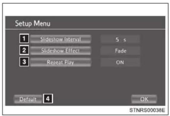 Setup Menu 1 Slideshow Interval 5 s 2 Slideshow Effect Fade 3 Repeat Play ON Default 4 OK STNRS00038E
