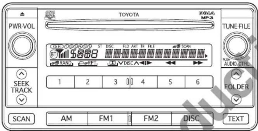 PWR-VOL TOYOTA MP3 TUNE-FILE ST DISC FLD ART TR FILE SCAN BD RAND RPT VDISCA V 1 2 3 0 4 5 6 FOLDER SCAN AM FM1 FM2 DISC TEXT