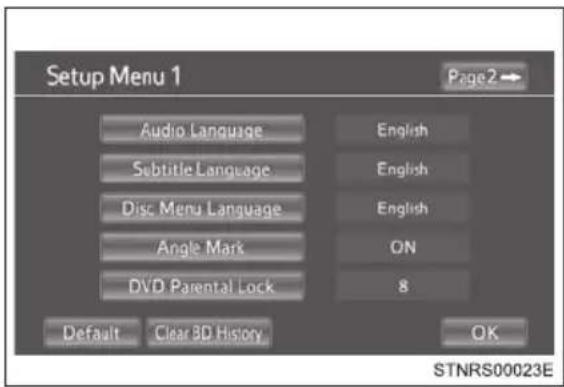 Setup Menu 1 Page2→ Audio Language English Subtitle Language English Disc Menu Language English Angle Mark ON DVD Parental Lock 8 Default Clear BD History OK STNRS00023E